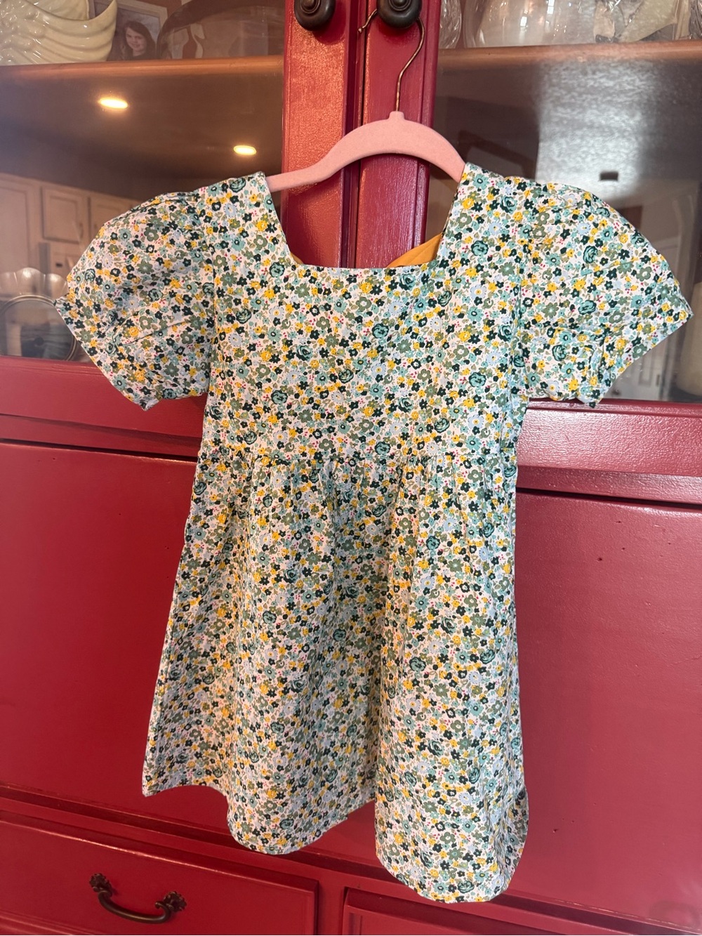 Girls Floral Puff-Sleeve Dress Top - Green & Yellow